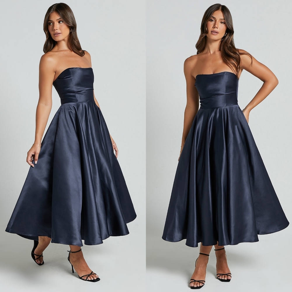 Showpo Navy Satin Strapless Midi Dress Blue Helaina A-Line Princess New Size 4